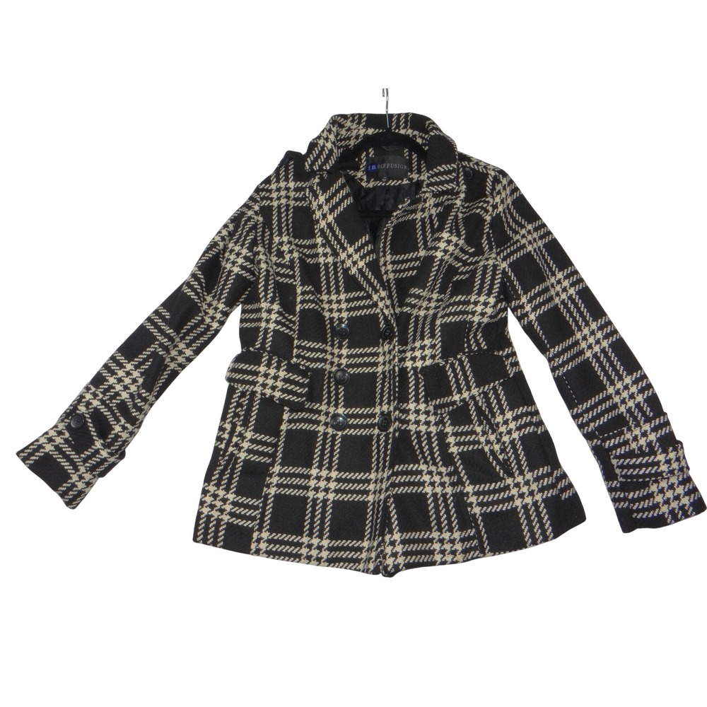 I.B. Diffusion Womens Black Cream Plaid Double Breasted Pea Coat Jacket Size M